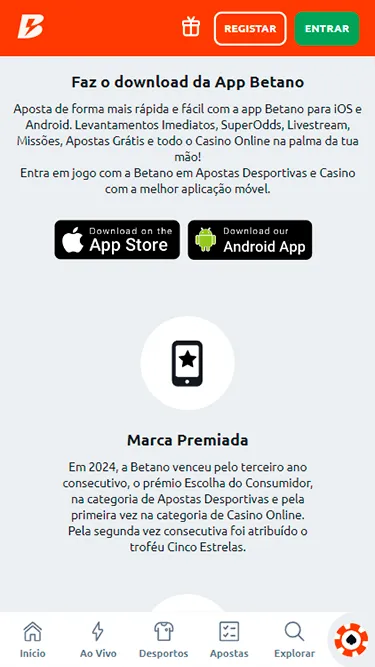 Captura de tela da página de app da Betano, com botões com links para o download na App Store e Play Store. 