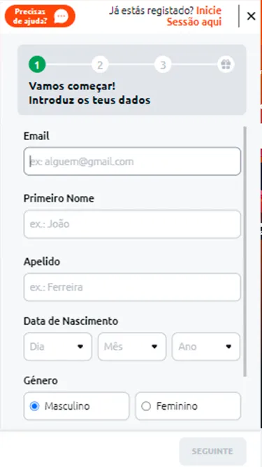 Captura de tela do segundo passo do cadastro da Betano com as primeiras informações a serem preenchidas: e-mail, primeiro nome, sobrenome, data de nascimento e gênero. 