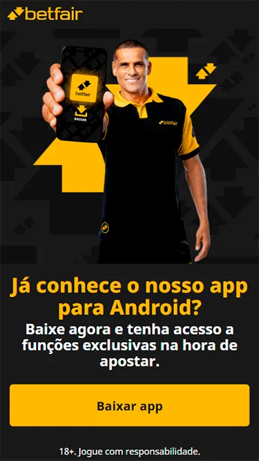 Captura de tela da página de download do app da Betfair, com o jogador Rivaldo segurando smartphone. Em destaque, pode-se ler "Já conhece o nosso app para Android?"