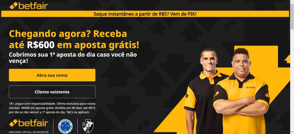 Captura de tela da versão desktop do site da Betfair. Em destaque, do lado direito, foto de Rivaldo e Ronaldo Fenômeno. À esquerda, bônus de R$600 em aposta grátis para novos usuários. 