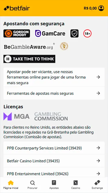 Captura de tela da página em que são demonstradas as licenças de segurança da Betfair, garantindo sua confiabilidade. 