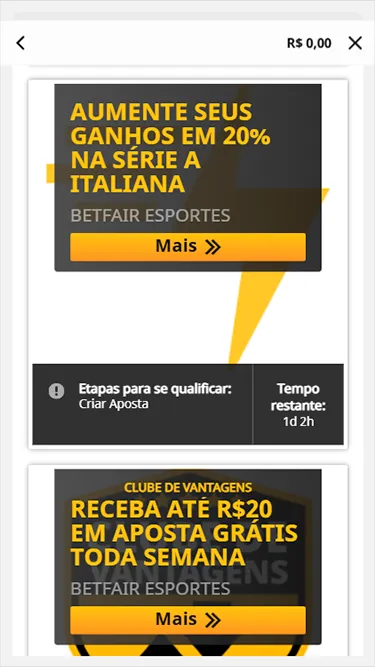 Captura de tela da página de promoções da Betfair. Em destaque, pode-se ver a oferta "aumente seus ganhos em 20% na Série A Italiana."