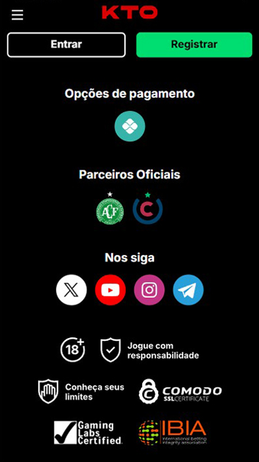 Opções de pagamento KTO: Pix. Pode seguir a KTO no X, Youtube, Instagram e Telegram. KTO é Gaming Labs Certified.