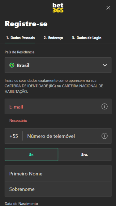 O primeiro passo do formulário de cadastro na bet365 pede o país de residência, e-mail, número de celular, nome e sobrenome.