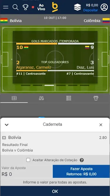 Captura de tela do boletim de aposta simples da Betnacional com exemplo de jogo entre Colômbia e Bolívia. 