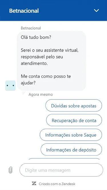 Captura de tela da página de atendimento da Betnacional, demonstrando a seção do assistente virtual. 