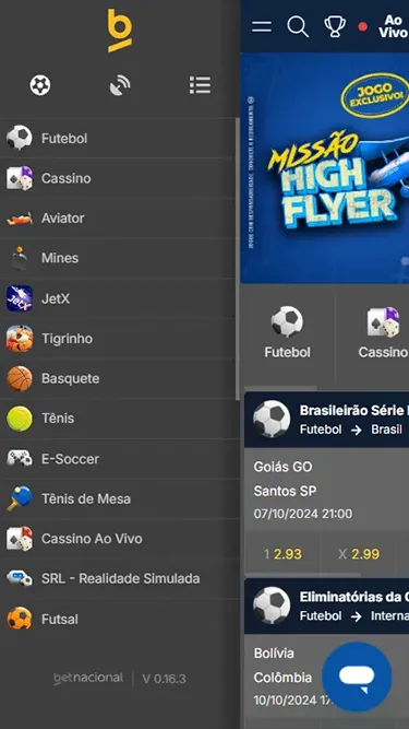 Captura de tela da plataforma da Betnacional, com o menu lateral à vista, demonstrando as opções de navegação. 