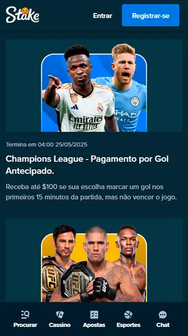 Captura de tela da página de promoções da Stake. Na imagem, foto de Vini Jr. e Kevin De Bruyne com promoção da Champions League em que se ganha até $100 se sua escolha marcar um gol nos primeiros 15 minutos da partida, mas não vencer o jogo. 