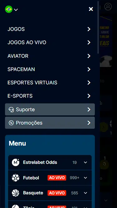 Captura de tela demonstrando a plataforma EstrelaBet e opções de navegação: Jogos, Jogos Ao Vivo, Aviator, Spaceman, Esportes Virtuais, E-Sports, Suporte, Promoções, etc. 