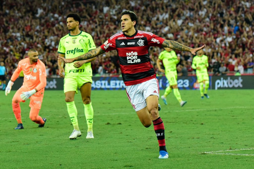 Pedro do Flamengo comemorando gol na vitória sobre o Palmeiras no Maracanã