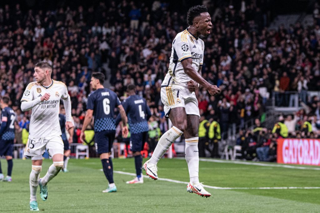 Vini Jr comemorando gol na vitória do Real Madrid sobre o Braga pela Champions League