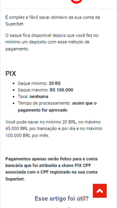 Regras de saque divulgadas no site da Superbet. 