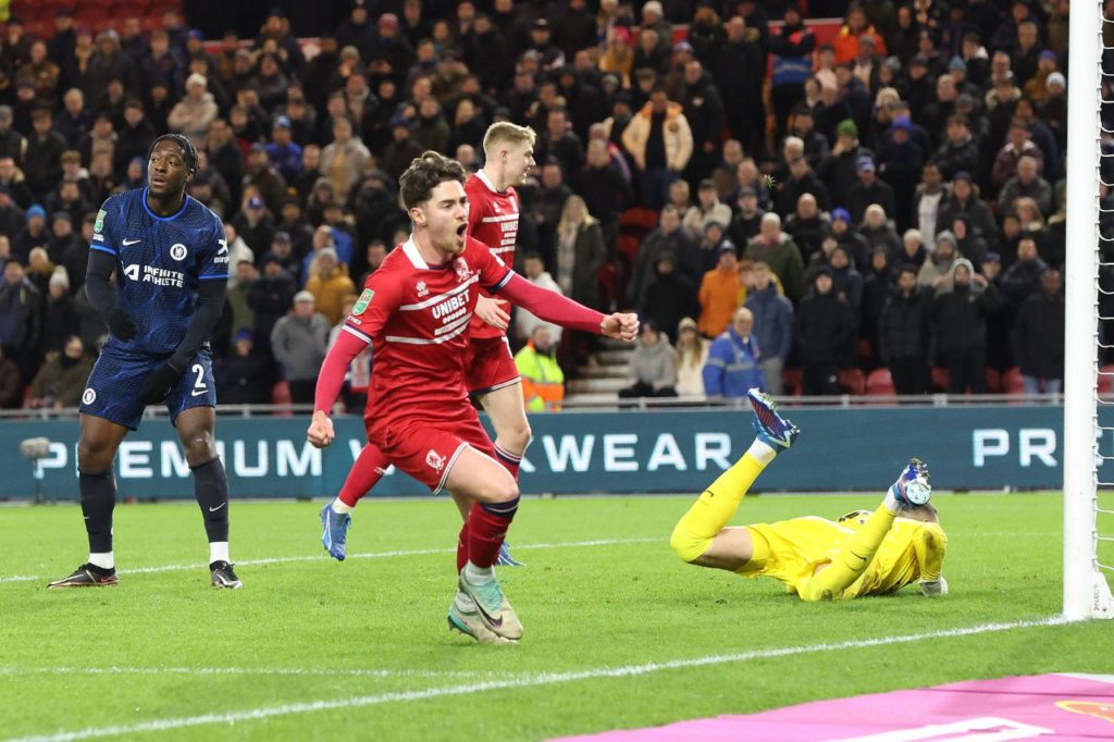 Hackney comemora o gol do Middlesbrough em cima do Chelsea pela Carabao Cup