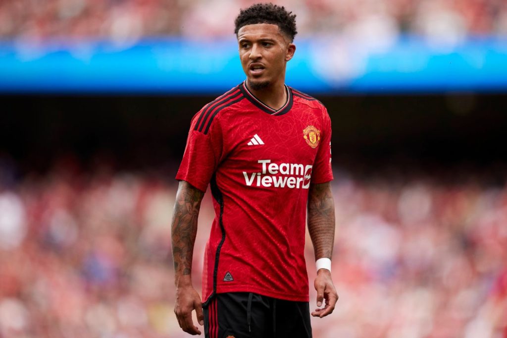 Meia Jadon Sancho em jogo do Manchester United