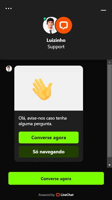 Captura da tela de suporte ao cliente da Bet7k demonstrando o chat ao vivo com o atendente Luizinho. 