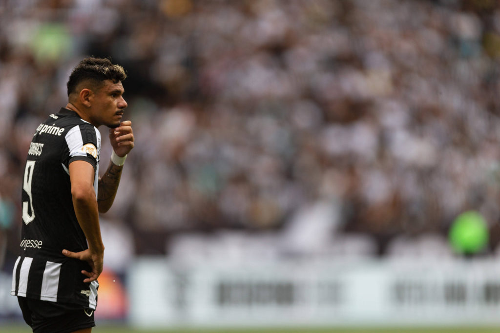 Tiquinho Soares, do Botafogo, observa o campo de jogo em uma das partidas do time na temporada.