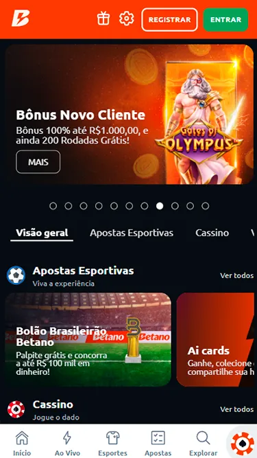 Captura de tela da seção de promoções da Betano. Em destaque, o bônus novo cliente, de 100% até R$1.000, mais 200 rodadas grátis no cassino. 