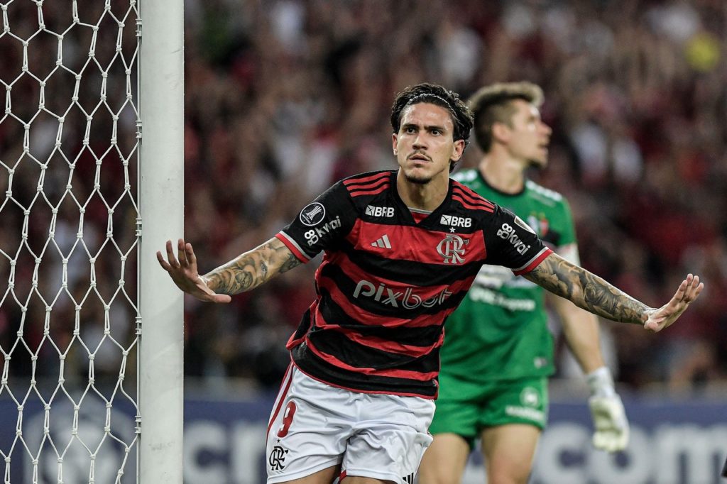 Pedro, do Flamengo, comemora o seu gol na partida contra o Palestino pela Libertadores.