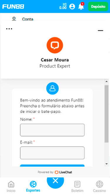 Tela de atendimento da Fun88 com chat ao vivo. Em destaque na conversa, pode-se ver o nome e função do atendente: Cesar Moura, Product Expert.