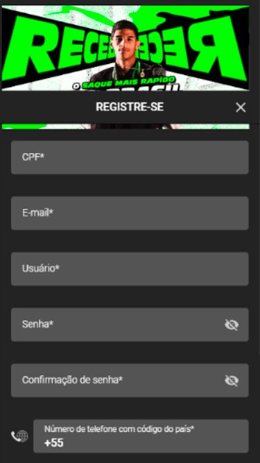 Página de cadastro da Luva Bet com os primeiros campos a serem preenchidos: CPF, e-mail, usuário, senha, confirmação de senha e número de telefone. 