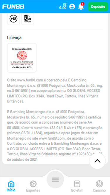 Tela demonstrando as licenças da Fun88: operada pela E Gambling Montenegro, sediada em Podgorica.