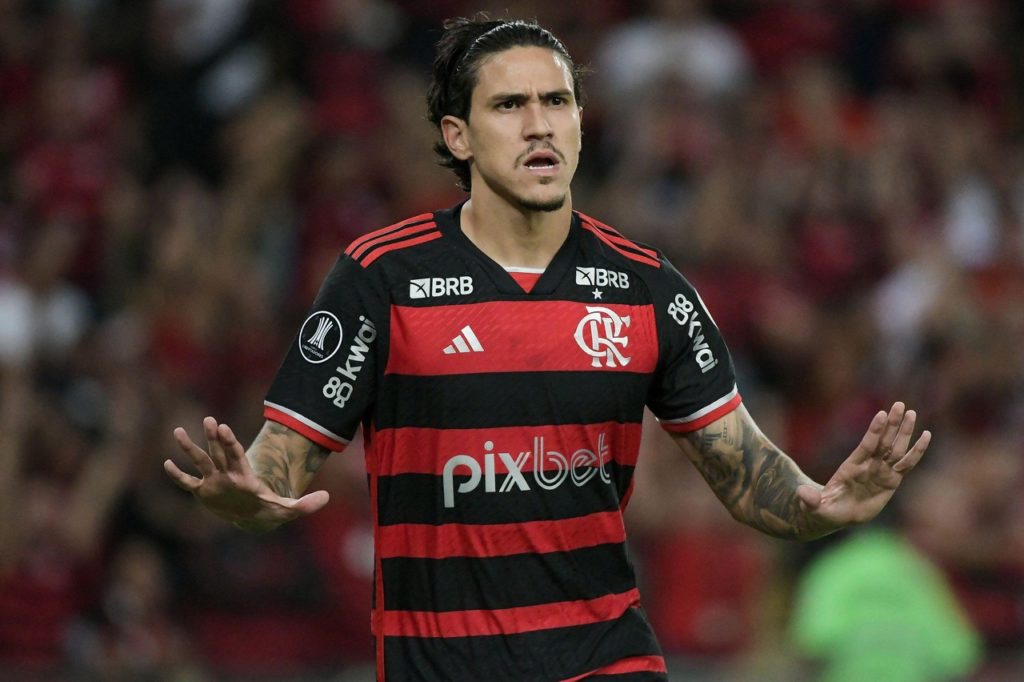 Pedro, do Flamengo, comemorando um gol marcado pela equipe na Libertadores de 2024.