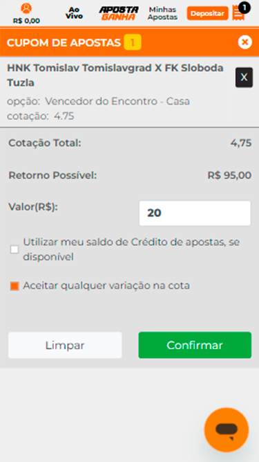 Captura de tela demonstrando o boletim de aposta simples da Aposta Ganha, com exemplo de aposta de R$20 em jogo de HNK Tomislav Tomislavgrad contra FK Sloboda Tuzla.  