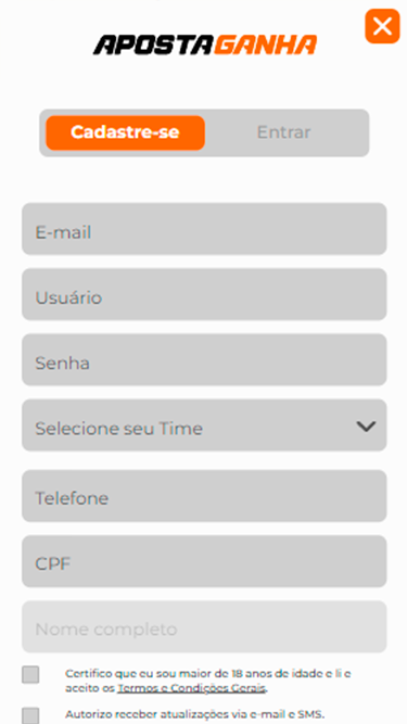 Captura de tela do primeiro passo do cadastro da Aposta Ganha com as primeiras informações a serem inseridas: e-mail, usuário, senha, time, telefone, CPF e nome completo. 