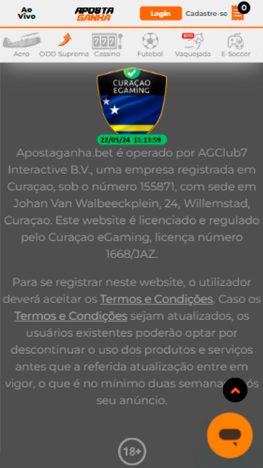 Captura de tela com a licença de funcionamento da Aposta Ganha: registrada em Curaçao, licenciada pela Curaçao eGaming. 