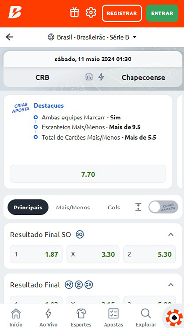 Betano Mercados de apostas: exemplo de partida CRB vs Chapecoense pelo Brasileirão série B: tem possibilidade de criar aposta ou os pricipais mercados como resultado final, etc.