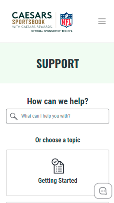 Captura de tela da página de atendimento da Caesars, onde pode-se ler "Support. How can we help?".