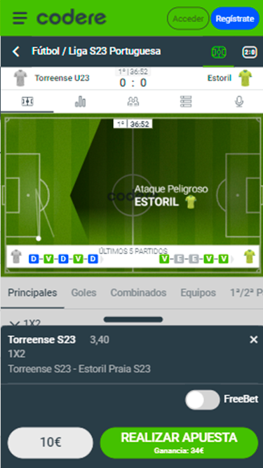 Captura de tela demonstrando o boletim de aposta simples da Codere, com exemplo de jogo da Liga S23 Portuguesa entre Torreense e Estoril Praia. 