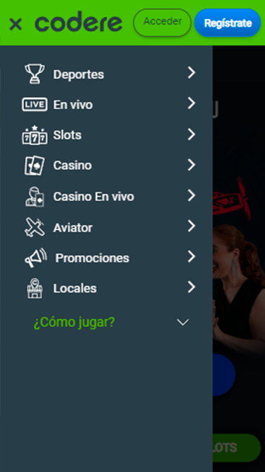 Captura de tela demonstrando as seções do site da Codere pelas quais se pode navegar: Esportes, Ao Vivo, Slots, Cassino, Cassino ao vivo, Aviator, Promoções e Locais. 