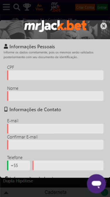 Captura de tela demonstrando a página de cadastro da Mr. Jack Bet e as primeiras informações a serem inseridas: CPF, Nome, E-mail e Telefone.