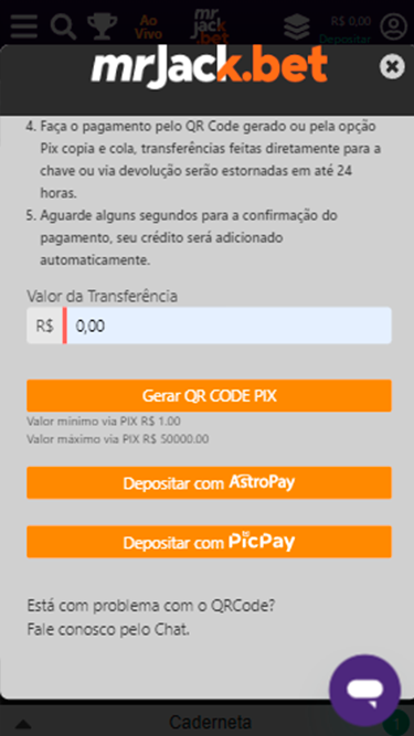 Captura de tela demonstrando as principais opções de depósito da Mr. Jack Bet: Pix, AstroPay e PicPay.