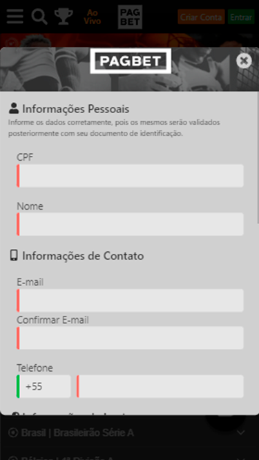 Captura da tela de cadastro da Pagbet com as primeiras informações a serem preenchidas: CPF, Nome, E-mail, Confirmar E-mail e Telefone. 