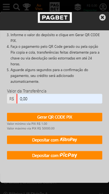 Captura de tela da página de depósito da Pagbet com as principais opções disponíveis: Pix Qr Code, AstroPay e PicPay. 