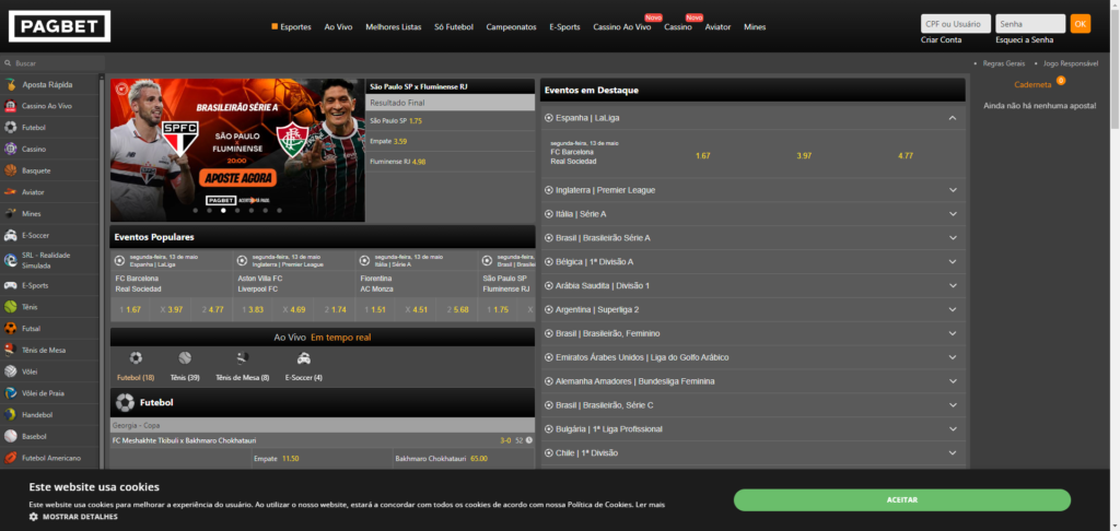 Captura de tela da versão desktop da Pagbet demonstrando o site e as seções pelas quais se pode navegar. Em destaque, sugestão de aposta em jogo entre São Paulo e Fluminense. 