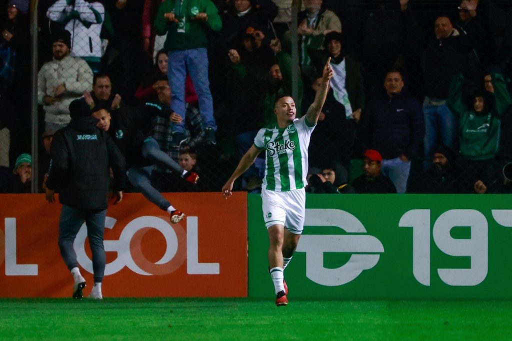 Luis Mandaca, do Juventude, comemorando um gol pelo time em um jogo da temporada.