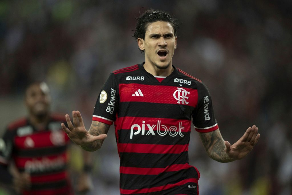 Pedro, do Flamengo, comemorando um dos gols marcados pela equipe na rodada do Brasileirão de 2024.