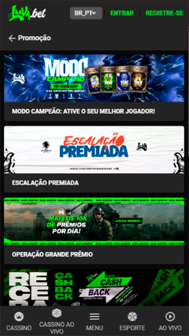 Captura de tela da página de promoções da Luva Bet com as ofertas disponíveis no momento: Modo Campeão, Escalação Premiada, Operação Grande Prêmio e promoção de cashback. 
