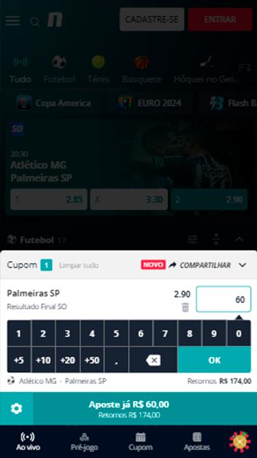 Captura da tela de aposta simples da Novibet com exemplo de aposta em jogo de Palmeiras SP e Atlético MG.