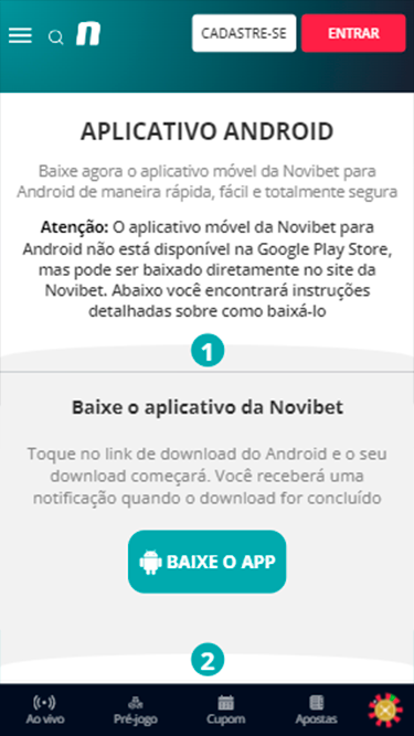 Captura de tela da página do app da Novibet com link para baixá-lo em celulares Android. 