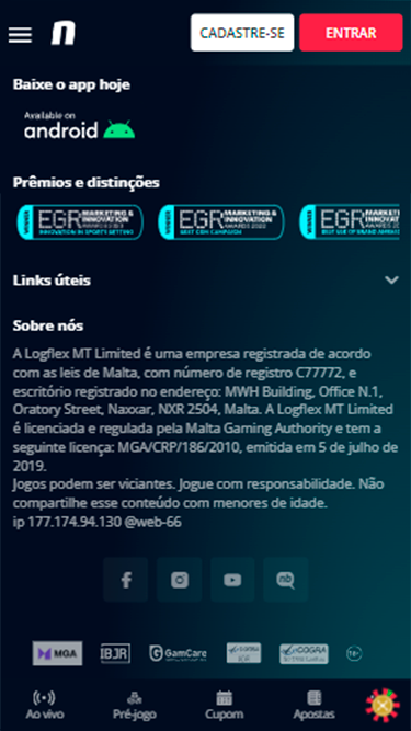 Captura de tela do site da Novibet demonstrando sua confiabilidade com base no registro na eCOGRA e a licença da Malta Gaming Authority.