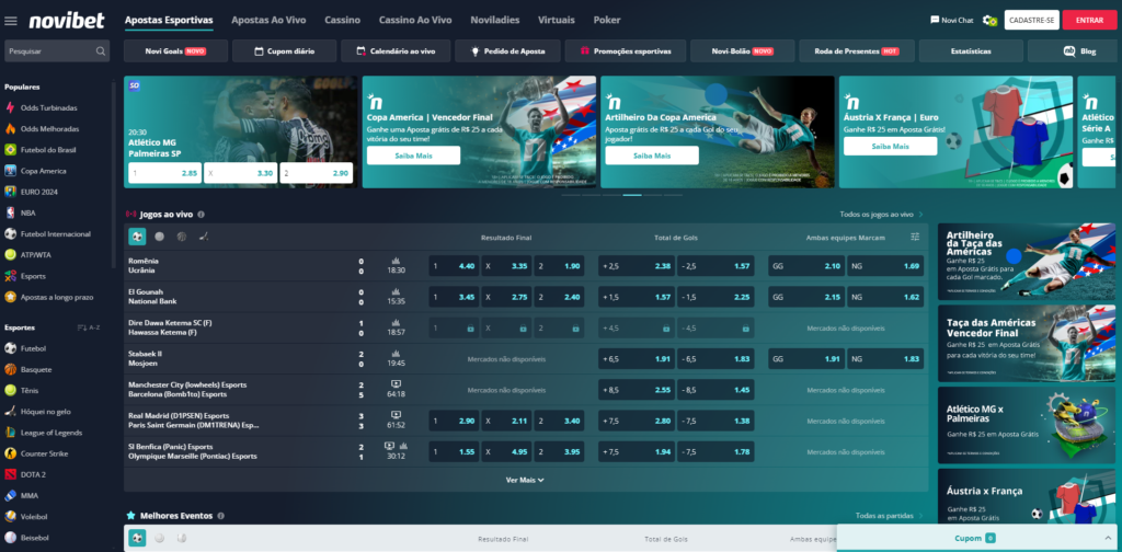 Captura de tela demonstrando o website da Novibet na versão desktop com opções de esportes e outras informações da plataforma.