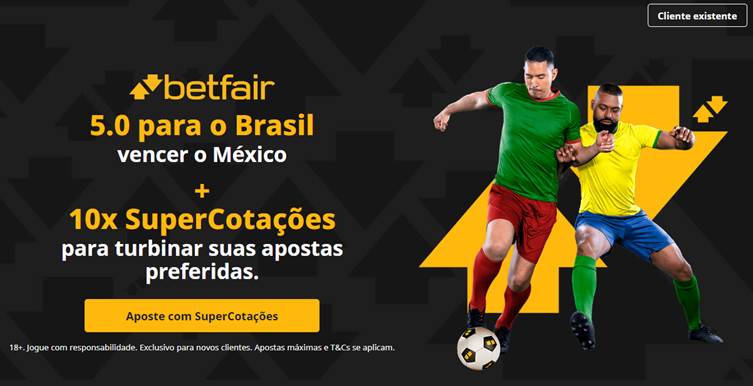 Banner divulgando odds especiais de 5.0 para o Brasil vencer o México no amistoso pré Copa América. Dois jogadores disputam a bola com uniformes nas cores dos times, contra fundo preto e elementos amarelos, nas cores da Betfair.