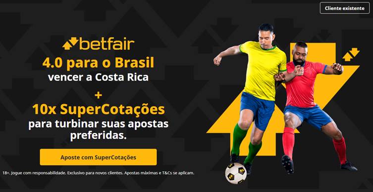 Banner divulgando odds especiais de 4.0 para o Brasil vencer a Costa Rica pela Copa América. Dois jogadores disputam a bola com uniformes nas cores das seleções, contra fundo preto e elementos amarelos, nas cores da Betfair.
