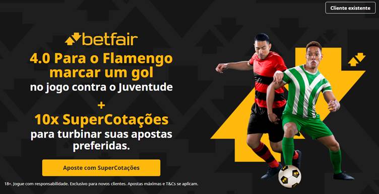Banner divulgando odds especiais de 4.0 para o Flamengo marcar um gol contra o Juventude. Dois jogadores disputam a bola com uniformes nas cores dos times, contra fundo preto e elementos amarelos, nas cores da Betfair.