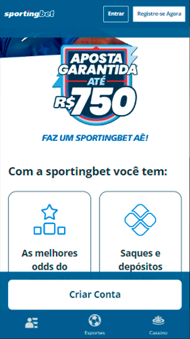 Captura de tela da página de bônus da Sportingbet: até R$750 com o primeiro depósito. 