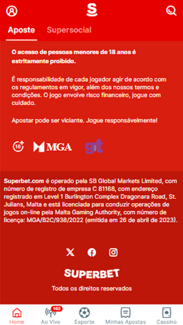 Captura de tela demonstrando as licenças de funcionamento da Supebet: emitida em Malta, pela Malta Gaming Authority. 